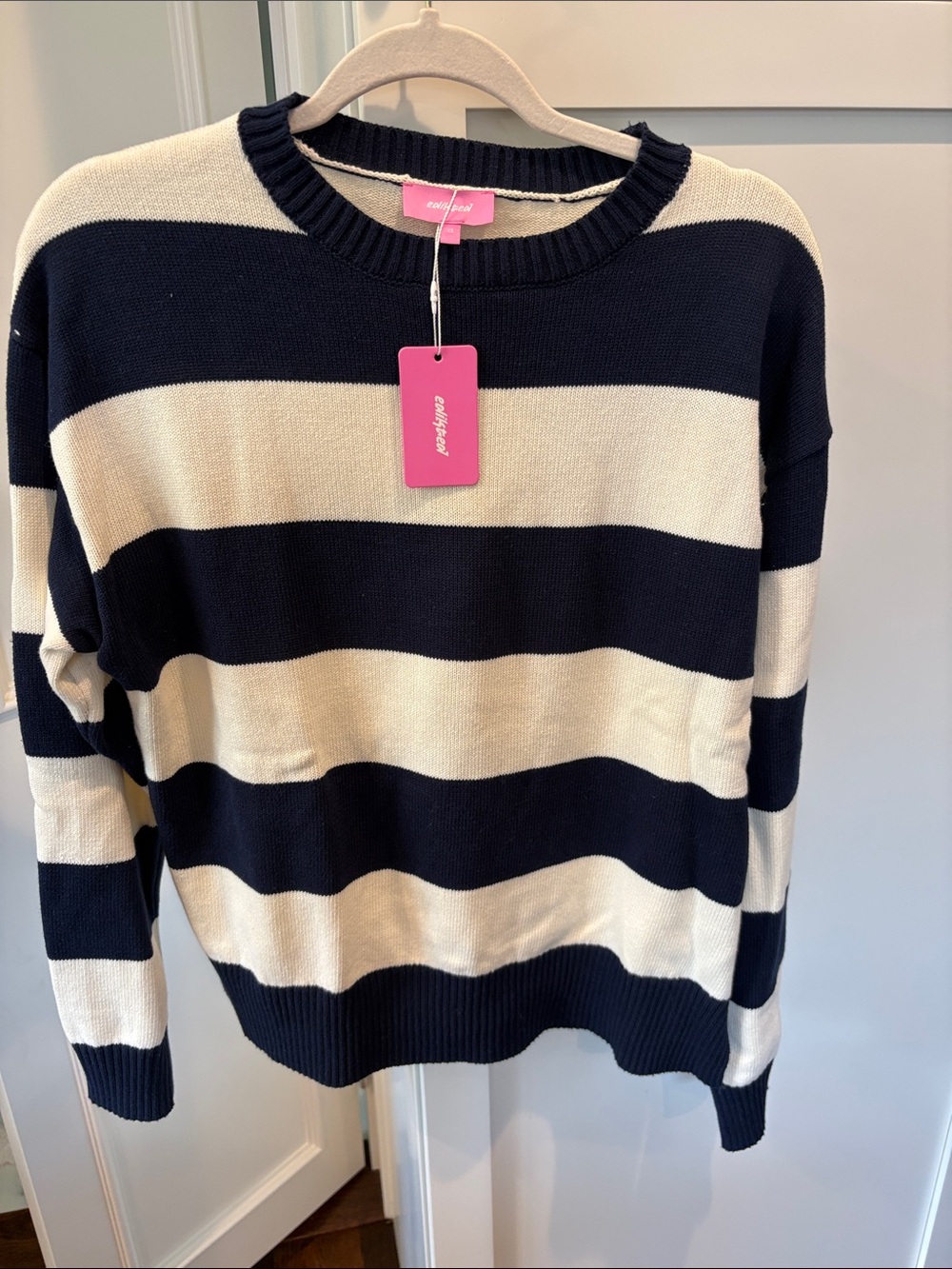 Edikted Navy & Cream Bold-Stripe Crewneck Sweater